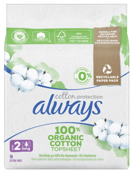 Always Cotton Protection 9 Serviettes Hygiéniques - Taille 2 Long