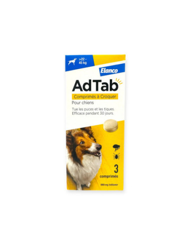ADTAB 900mg de Lotilaner Antiparasitaire Interne Chien de +22 à 45kg - 3 Comprimés à Croquer