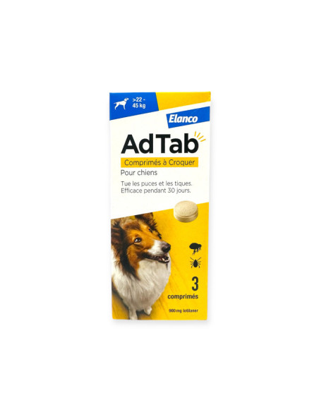 ADTAB 900mg de Lotilaner Antiparasitaire Interne Chien de +22 à 45kg - 3 Comprimés à Croquer