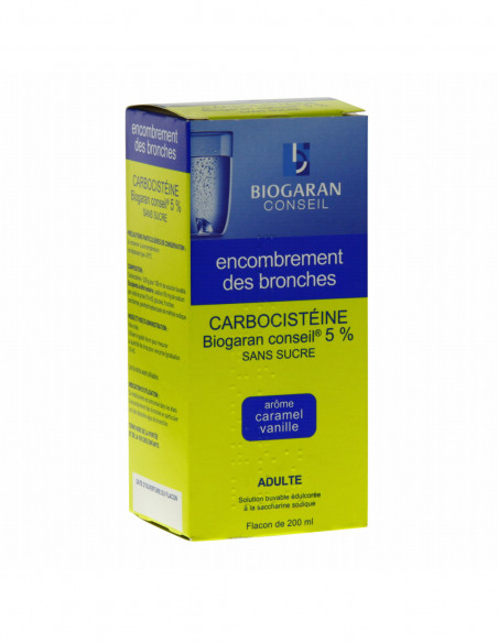 CARBOCISTEINE BIOGARAN CONSEIL 5 POUR CENT SANS SUCRE, solution buvable en flacon édulcorée à la saccharine sodique - 200 ml