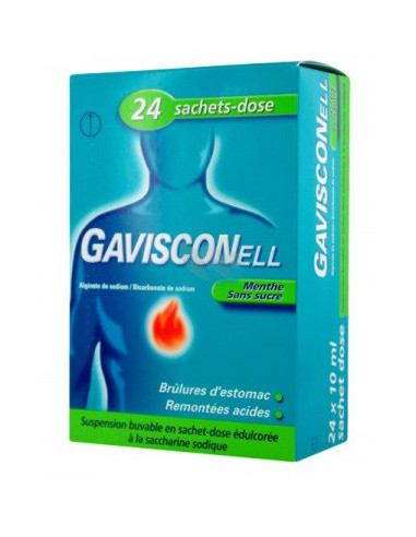GAVISCONELL MENTHE SANS SUCRE, suspension buvable en sachet-dose édulcorée à la saccharine sodique- 24 sachets
