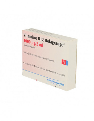 VITAMINE B12 DELAGRANGE 1000 µg/2 ml, solution injectable (IM) et buvable  - 6 ampoules
