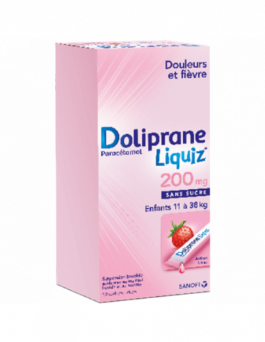 DOLIPRANELIQUIZ 200 mg SANS SUCRE, suspension buvable en sachet édulcorée au maltitol liquide et au sorbitol - 12x8.3ml