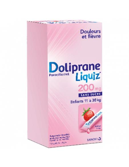 DOLIPRANELIQUIZ 200 mg SANS SUCRE, suspension buvable en sachet édulcorée au maltitol liquide et au sorbitol - 12x8.3ml