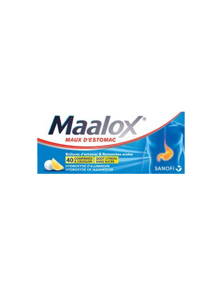 MAALOX MAUX D'ESTOMAC SANS SUCRE, comprimé à croquer édulcoré à la saccharine sodique, au sorbitol et au maltitol - 40 comprimés