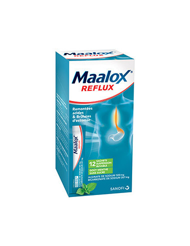 MAALOX REFLUX ALGINATE DE SODIUM / BICARBONATE DE SODIUM MENTHE 500 mg / 267 mg SANS SUCRE, suspension buvable en sachet, édulco