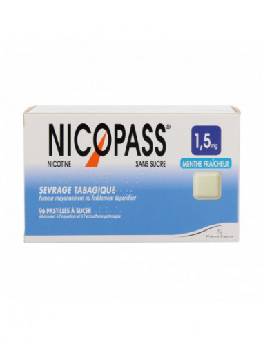 NICOPASS 1,5 mg SANS SUCRE MENTHE FRAICHEUR, pastille édulcorée à l'aspartame et à l'acésulfame potassique - 96 pastilles