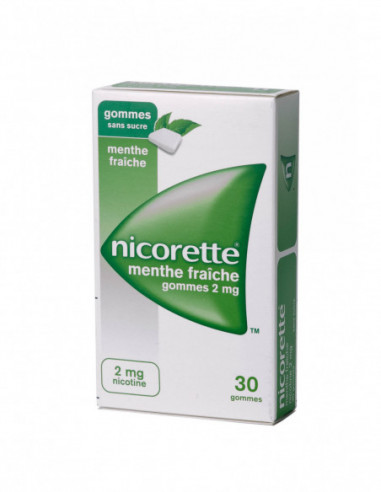 NICORETTE MENTHE FRAICHE 2 mg SANS SUCRE, gomme à mâcher médicamenteuse édulcorée au xylitol et à l'acésulfame potassique - 30 g