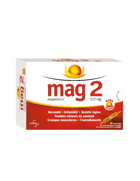 MAG 2 SANS SUCRE 122 mg, solution buvable en ampoule édulcorée à la saccharine sodique - 30 ampoules
