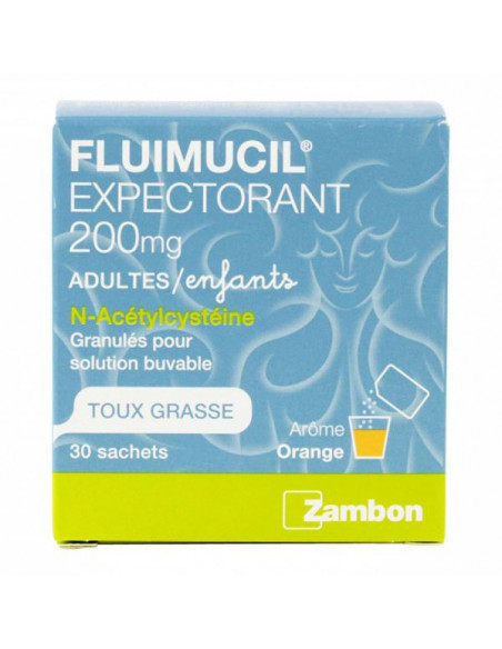FLUIMUCIL EXPECTORANT ACETYLCYSTEINE 200 mg SANS SUCRE, granulés pour solution buvable en sachet édulcorés à l’aspartam et au so
