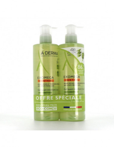 Aderma Exomega Control Gel Lavant Émollient 2-en-1 Corps et Cheveux Bébé - lot de 2x200ml