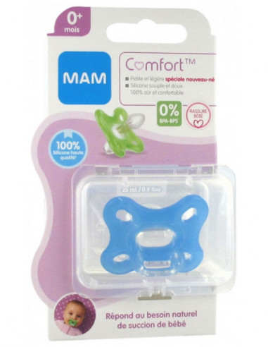 MAM Comfort Sucette en Silicone 0 Mois et + & une Boîte de Stérilisation  Couleur : Bleu - 2 unités 