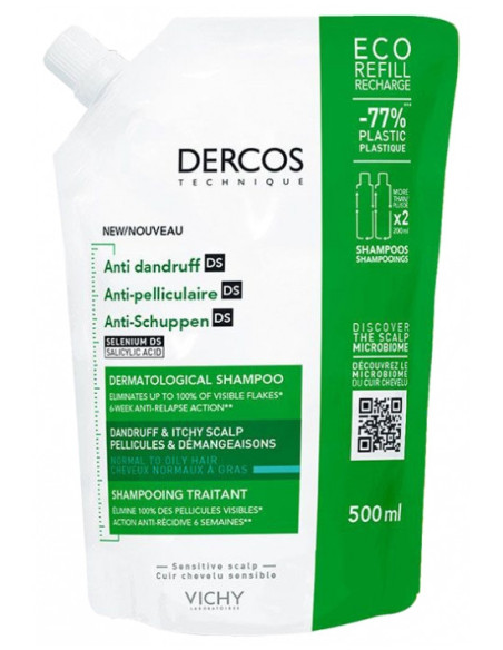 Vichy Dercos Shampoing Traitant Anti-Pelliculaire Cheveux Normaux à Gras Recharge - 500 ml