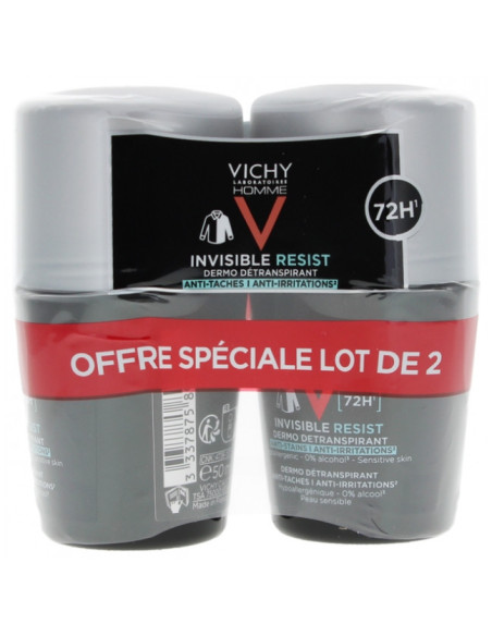 Vichy Homme Déodorant Invisible Resist Dermo-Détranspirant 72H Roll-On - Lot de 2 x 50 ml