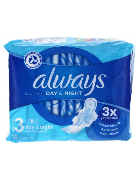 Always Ultra Day & Night Serviettes Hygiéniques Taille 3 - 10 unités 