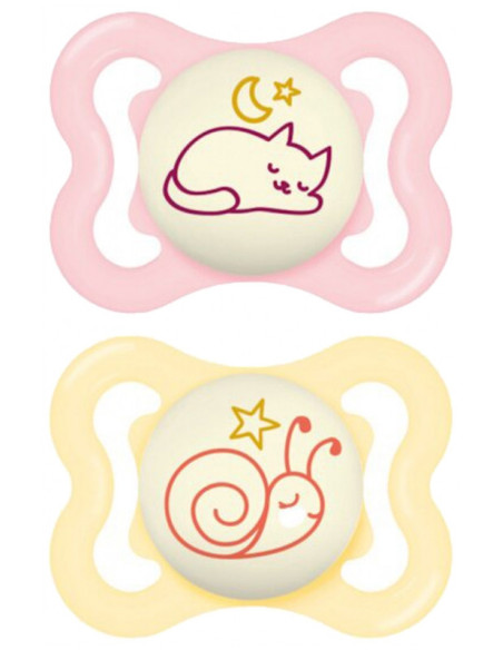 MAM 2 Sucettes Supreme Nuit 2-6 Mois - Modèle : Chat et Escargot