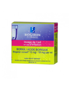 BORAX/ACIDE BORIQUE BIOGARAN CONSEIL 12mg/18mg par ml, solution pour lavage ophtalmique en récipient unidose - 15 x 5 ml
