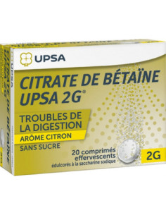 CITRATE DE BETAINE CITRON UPSA 2 g SANS SUCRE, comprimé effervescent édulcoré à la saccharine sodique - 20 comprimés