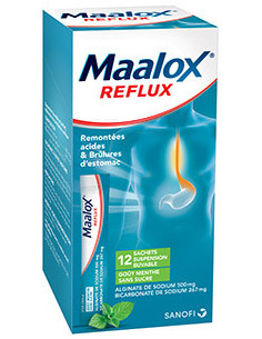 MAALOX REFLUX ALGINATE DE SODIUM / BICARBONATE DE SODIUM MENTHE 500 mg / 267 mg SANS SUCRE, suspension buvable en sachet, édulco