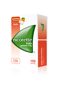 NICORETTE FRUITS 2 mg SANS SUCRE, gomme à mâcher médicamenteuse édulcorée au xylitol et à l'acésulfame potassique- 105 gommes
