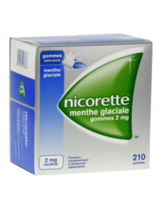 NICORETTE MENTHE GLACIALE 2mg SANS SUCRE, gomme à mâcher médicamenteuse édulcorée au xylitol et à l'acésulfame potassique - 210