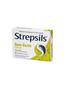 STREPSILS CITRON SANS SUCRE, pastille édulcorée à l'isomalt, au maltitol et à la saccharine sodique - 24 pastilles