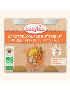 Petit Pot Menu Carotte, Courge Butternut, Poulet fermier du Poitou, Riz - 2x200g