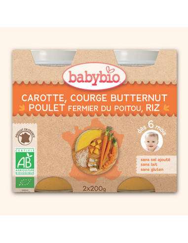 Petit Pot Menu Carotte, Courge Butternut, Poulet fermier du Poitou, Riz - 2x200g