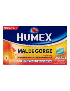 HUMEX MAL DE GORGE LIDOCAINE/ALCOOL DICHLOROBENZYLIQUE/AMYLMETACRESOL 2 mg/1,2 mg/0,6 mg MENTHE GLACIALE SANS SUCRE, pastille éd