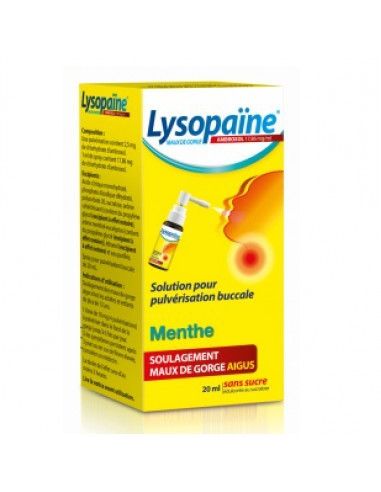 LYSOPAÏNE MAUX DE GORGE AMBROXOL MENTHE 17,86 mg/ml SANS SUCRE, solution pour pulvérisation buccale édulcorée au sucralose - 20m