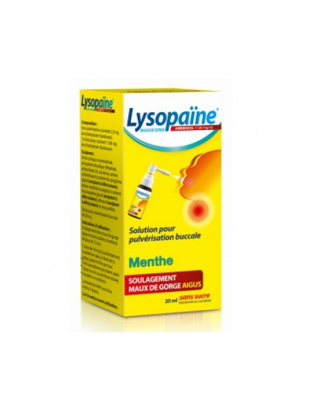 LYSOPAÏNE MAUX DE GORGE AMBROXOL MENTHE 17,86 mg/ml SANS SUCRE, solution pour pulvérisation buccale édulcorée au sucralose - 20m