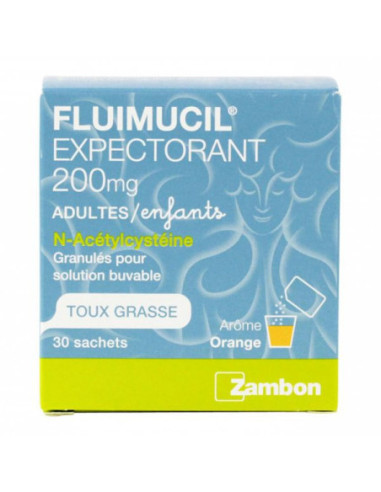 FLUIMUCIL EXPECTORANT ACETYLCYSTEINE 200 mg SANS SUCRE, granulés pour solution buvable en sachet édulcorés à l’aspartam et au so